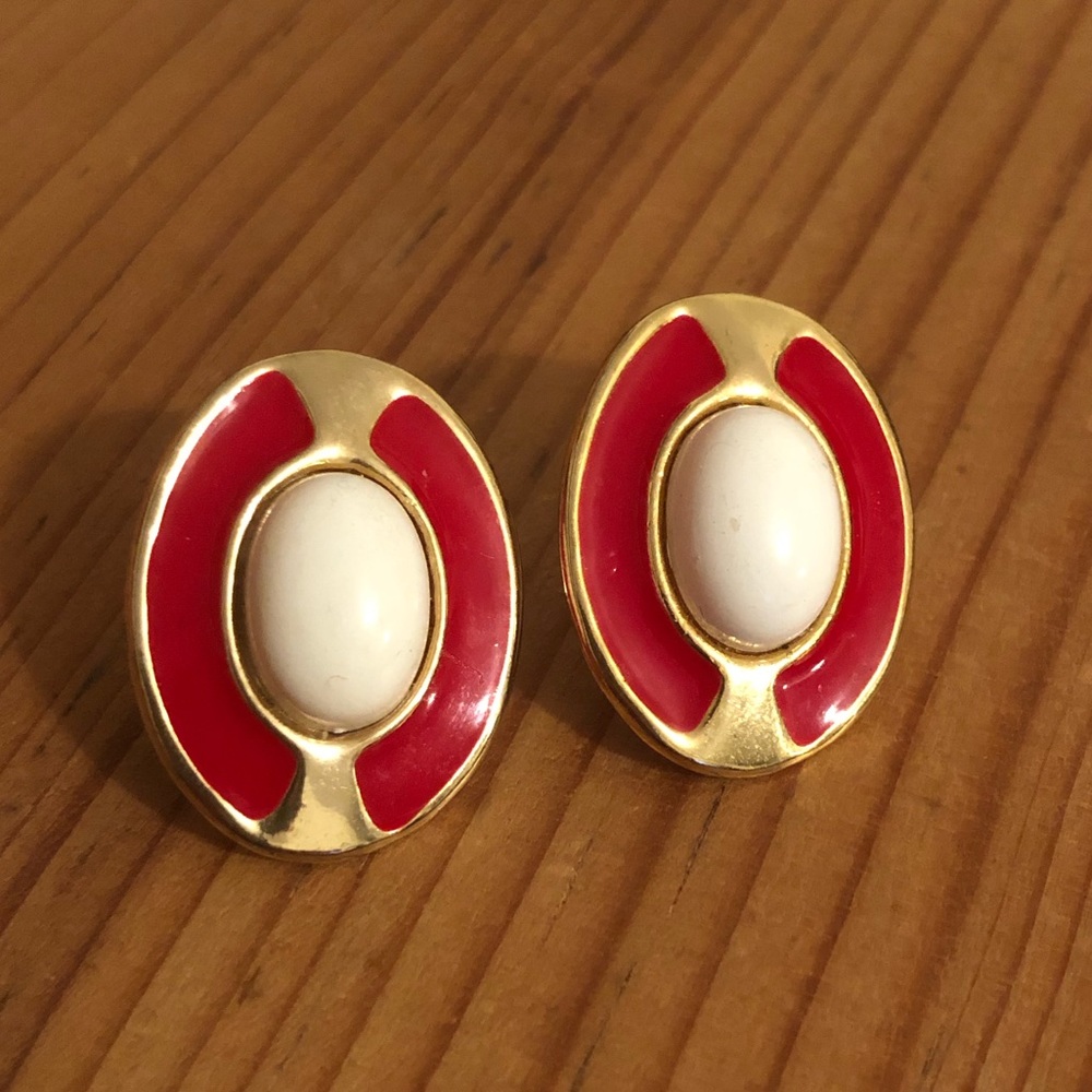 Vintage Red and White Golden Earrings